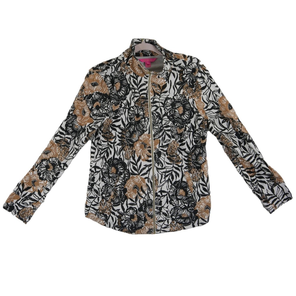 Lilly Pulitzer Track Jacket Women's Size Medium Black Tiger Floral Top Full Zip